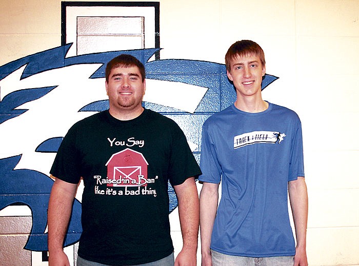 From left are Jamestown's Chad Cook, a senior, and Alden Rohrbach, a sophomore, who were recently named to the CCAA All-Conference basketball teams by the coaches in the conference. Cook was named to the second team, while Rohrbach received honorable mention.