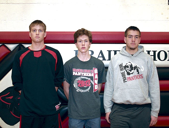 From left are Prairie Home junior Trever Huth, and freshmen Rayce Kendrick and Sam Distler, who were recently named to the CCAA Conference basketball teams by the coaches in the conference. Huth was named to the first team and Kendrick to the second team, while Distler received honorable mention.