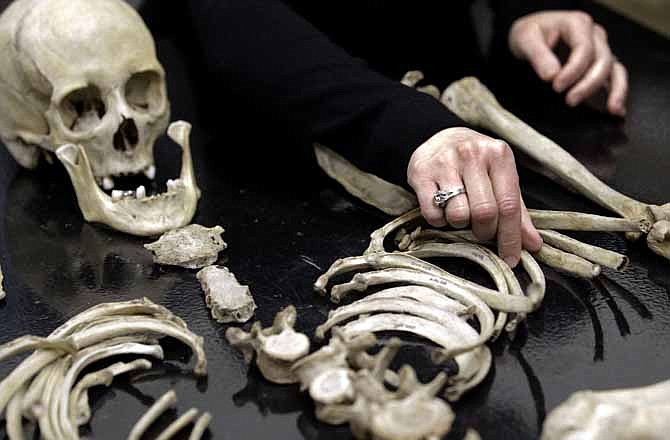 Kate Spradley, an assistant professor at Texas State University, arranges some skeletal remains at the school's Forensic Anthropology Research Facility, Thursday, Feb. 9, 2012, in San Marcos, Texas. What they're finding at the research facility debunks some of what they and other experts believed about estimating time of death for a person whose remains are found outdoors and exposed to the environment. 