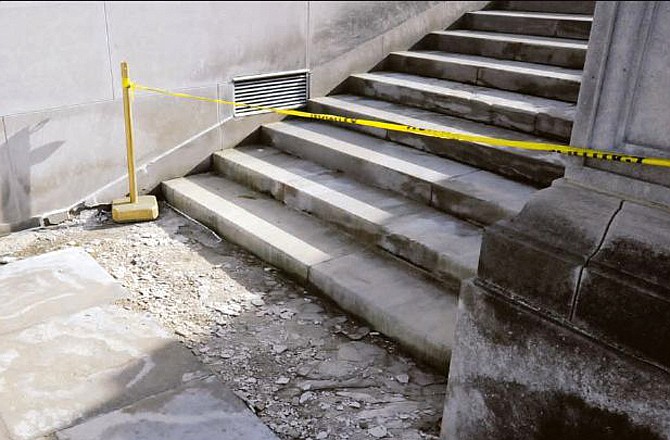 Weather and water leaks damaged steps on the west side of the Missouri Capitol, seen here in a March 2009 photo. Several sections are still blocked off from use. Repair for the building's west side stairs may cost as much as $1.37 million. Some lawmakers want to delay the project, but other state officials say fixing the steps now will prevent even higher costs in the future. 