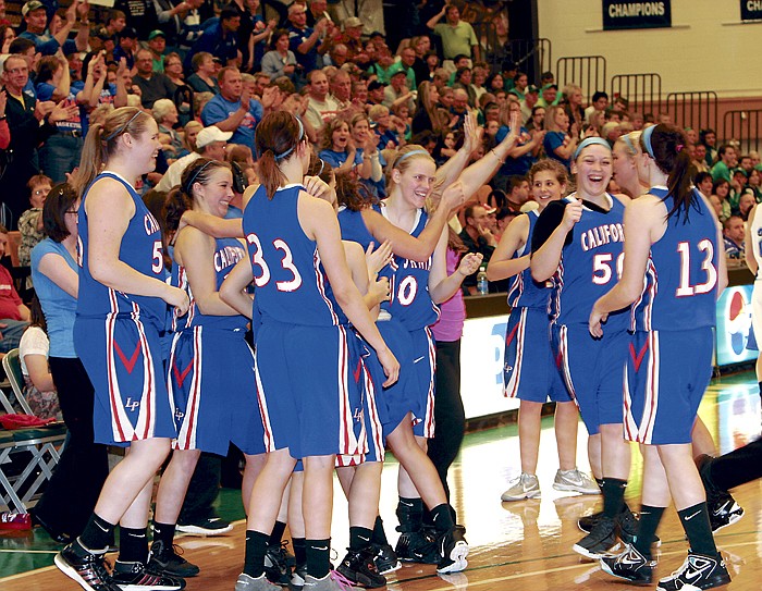 The Lady Pintos savor the moment after defeating Hermann at Class 3 Sectionals March 7 at Rolla.