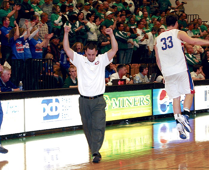 California Pinto Head Coach Blair Scanlon reacts to the Pintos' Class 3 Sectional win against Blair Oaks March 7 at Rolla.