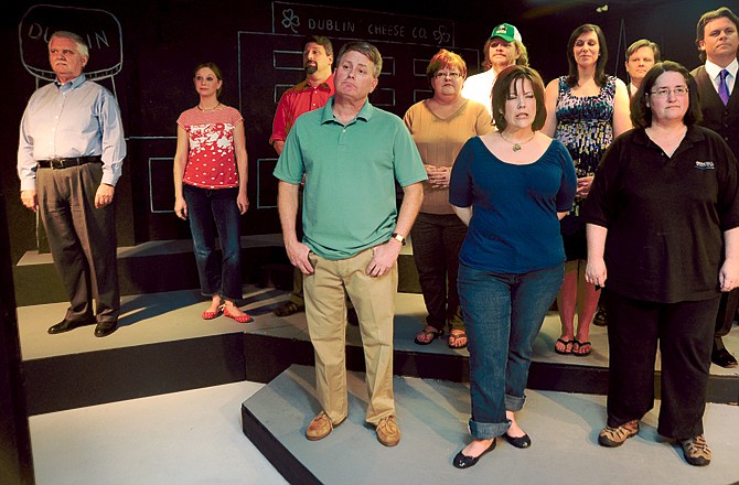 "Book of Days" cast members run lines Tuesday evening at Scene One Theater on High Street. From left: Warren Krech as Walt; Megan Wadley as Ginger; Brian Harper as Boyd; Brad Jones as Len; M'Liss Sapf as Sharon; Dan Zaiger as Earl; Shellie Howser as Ruth; Tammy Acosta as Lou Ann; Doug Richardson as Bobby; Kathleen Lavery as Martha; Tom Baker as James; and Chris Kennison as Conroy. 