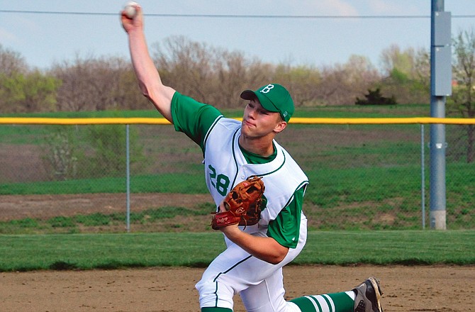 Blair Oaks' Jacob Koelling pitches against New Bloomfield on Monday in the season opener at the Falcon Athletic Complex.