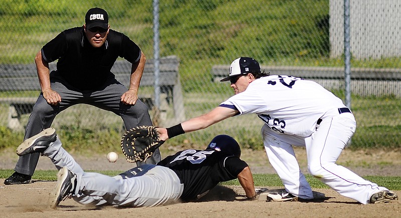 Lincoln first baseman Isaac Cater can't come up with a wayward pick-off throw as Truman State's Steven Rose slides safely back to the bag during game two of Tuesday's doubleheader at Lincoln Field.