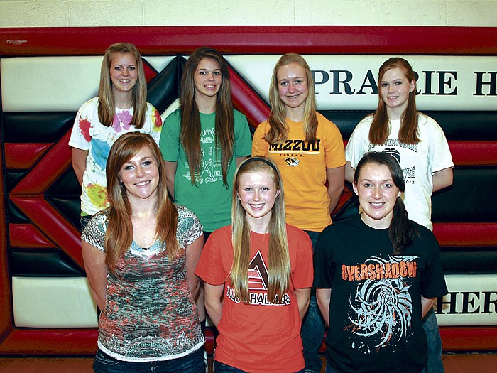 Seven members of the Prairie Home School varsity softball team were recently named to the Academic All-State softball teams by the Missouri High School Softball Coaches' Association. Front row, from left, are Taylor Zey, Kendra Stinson and Kohlie Stock, who were named to the first team; and back row, Krista Small, Brooke Emmerich and Amber Carmichael, who were named to the first team; and Kimberly Hettinger, who was named to the second team. In order to qualify to be named to to the first team, student athletes must have a cumulative GPA of 3.88-4.0 and must be a varsity letter winner. To qualify for the second team, student athletes must have a cumulative GPA of 3.75-3.87 and must be a varsity letter winner.