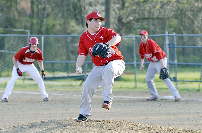 Calvary Lutheran's Caleb Yahnig comes to the plate during Thursday's game against Tipton in Taos.