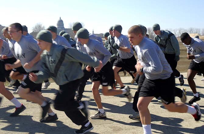 As part of the National Guard's Recruit Sustainment Program, new recruits practice the Army's 2-mile run requirement during a recent training event in Jefferson City.