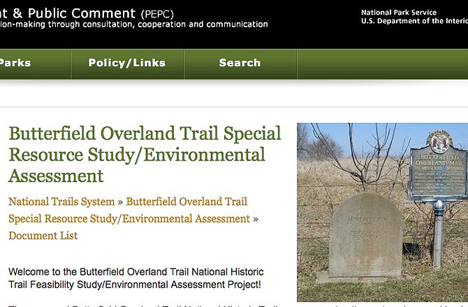Shown is a screenshot from the National Park Service's proposal to designate the Butterfield Overland stagecoach route a National Historic Trail, located online at http://parkplanning.nps.gov/projectHome.cfm?projectID=33568.