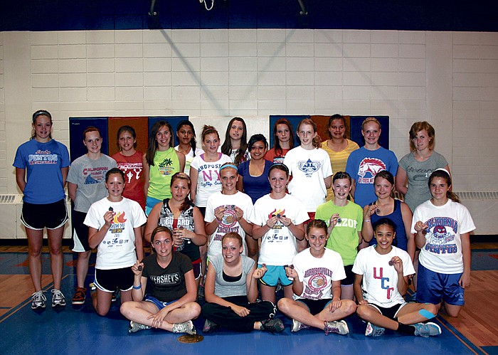 Eighth grade girls who are members of the California Middle School Track Team, first row, from left, proudly displaying the medals each earned at the Russellville War Tribe Relays, are Alison Acton, Jackie Gammon, Renee Roberts and Sarah Bryant; second row, Ashtyn Goans, Kayli Vandegriffe, Adrienne Strickfaden, Katie Imhoff, Lauren Ziehmer, Savannah Jungmeyer and Jenna Reynolds; third row, Roz Martensen, Amber Liebi, Kelsie Murphy, Natasha Heinen, Amada Garcia, Jordyn Simmons, Kaylee Vanloo and Morgan Carpenter; and fourth row, Amber Long, Rosa Fernandez, Sydnie Hall, Courtney Ziehmer and Brittany McKenzie.