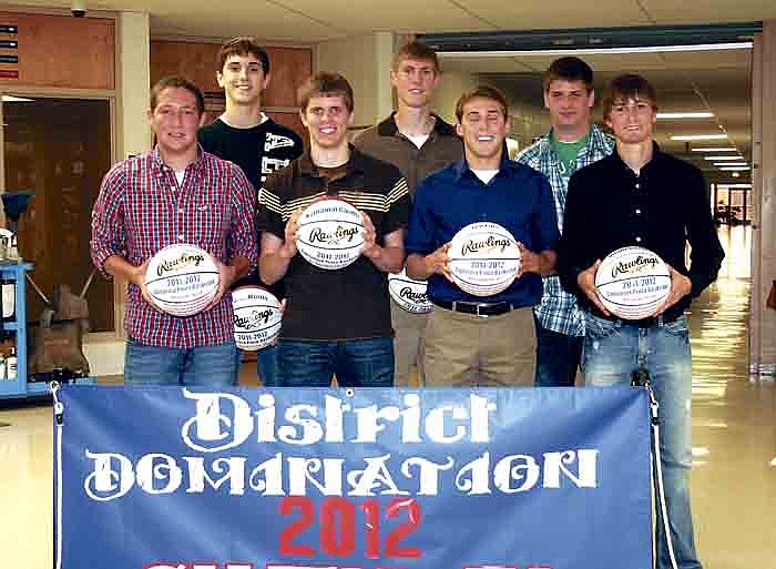 Senior members of the California High School varsity boys' basketball team were recognized at the California Pintos Basketball Awards Banquet Monday at CHS, and were presented basketballs signed by the varsity players and the coaches. Front row, from left, are Connor Volkart, Nathanial Caudel, Leo Lutz and Adam Burger; back row, Taron Morris Phillip Longan and Alec Ramsdell.