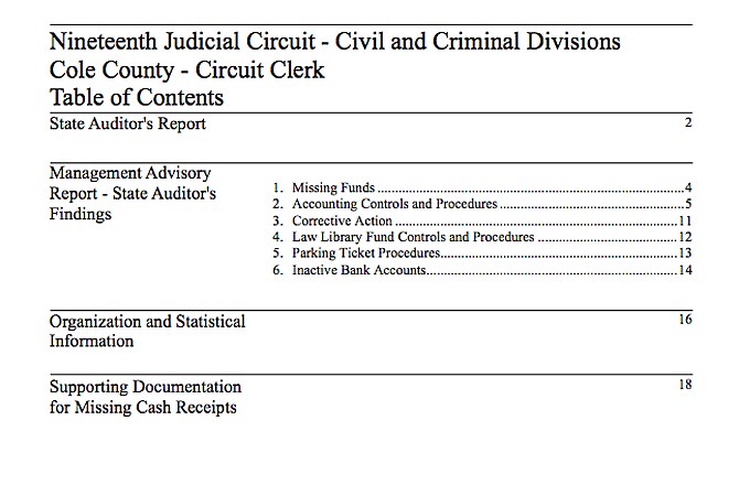 State Auditor Tom Schweich released a report Wednesday identifying accounting problems in the Cole County Circuit Clerk's office operations. Above is a screenshot of the table of contents. To view the full report on this site, click on "download PDF" inside the accompanying news article.