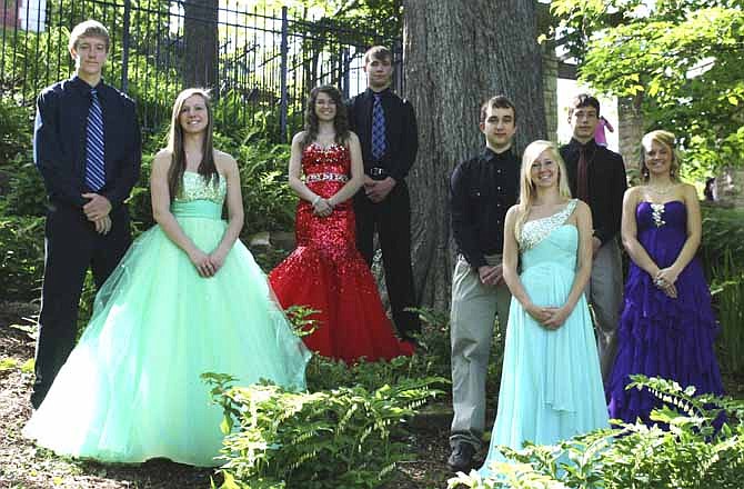 Members of the Blair Oaks High School prom court pose in the Missouri Governor's Garden. The members of the court, from left, are Brendan Henke, Kelcee Rosslan, Queen Megan Reinkemeyer, King Jake Ortbals, Ben Conner, Amanda Sartain, Jordan Schaefer and Holly Fennewald.