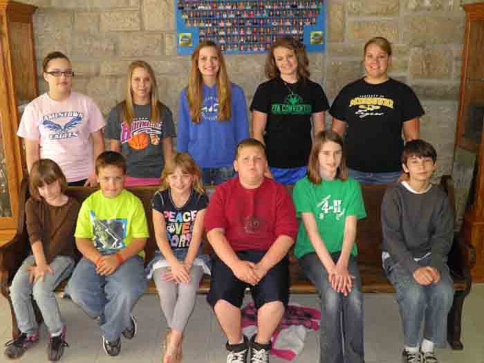 Jamestown Citizens of the Month for April, front row, from left, are kindergartner Hailie, first grader Kendall, second grader Lacey, fourth grader Chanse, fifth grader Courtney and sixth grader Brett; back row, seventh grader Shelby Stone, eighth grader Alexis Muri, freshman Haily Owens and seniors Morgan Imhoff and Taylor Johnson. Third grader Cassie was not present.