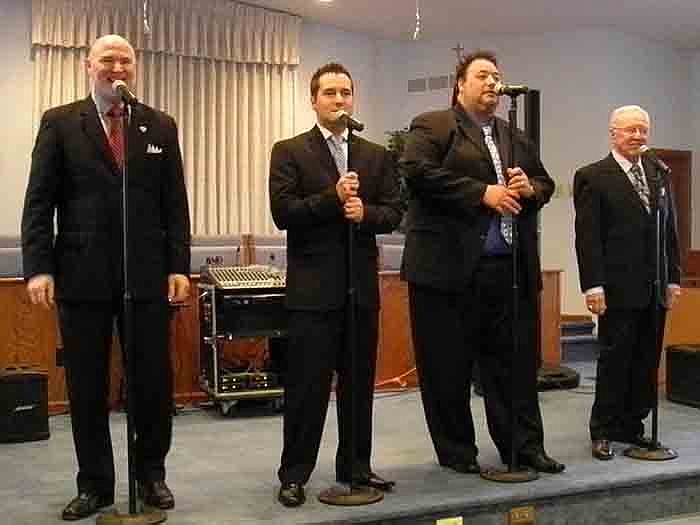 Members of "The Melody Boys Quartet," singing at Salem Baptist Church, California, Saturday, April 21, as part of the "Exit 63" Tour; from left, are Mike Franklin, Chris Walton, Jason Tapley and Gerald Williams.