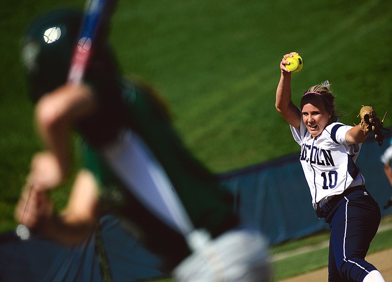 Lincoln pitcher Starr McLeod delivers a pitch during a game earlier this season. The Blue Tigers play Emporia State in a first-round game of the MIAA Tournament today in Overland Park, Kan. 