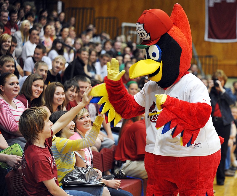 Fred Bird was at Linn High School on Thursday, along with representatives from the Vitae Foundation, to create a buzz about and promote an essay contest sponsored by the foundation. Osage County high school students are invited to participate for a chance to win the top prize, four free tickets to the Cardinals game for Osage County Night at the ballpark on July 24. In addition to free tickets, they'll receive VIP treatment while at the game.
