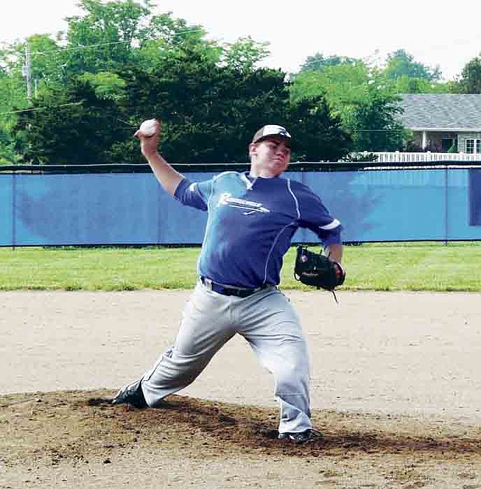 Russellville's Chase Smith releases a pitch during the opening game at the Russellville Baseball Tournament Saturday, against Pilot Grove. The Indians defeated the Tigers 7-5.