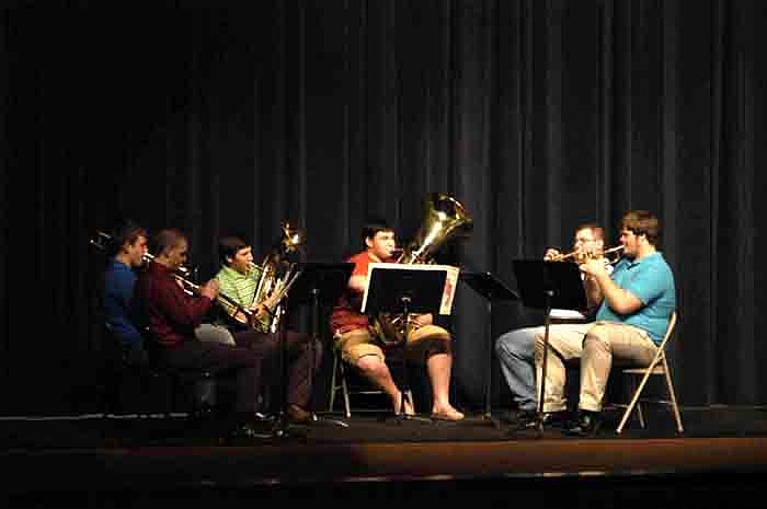 This brass sextet performs "Military March" at the California Spring Band Concert. Tristan Oppermann, center, also performed "Allegro" as a tuba solo. 