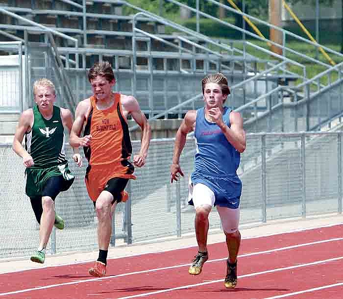 California's Walker Borghardt, at right, competes in the 100 Meter at the Class 2 District 3 Meet at Blair Oaks High School Saturday. Borghardt finished the event in third place with 11.5 to earn All-District honors and advance to Class 2 Sectionals Saturday at Centralia.