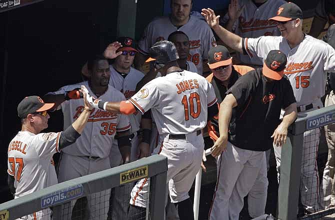 Baltimore Orioles' Adam Jones (10) celebrates in the dugout after hitting a two-run home run during the fourth inning of a baseball game against the Kansas City Royals Thursday, May 17, 2012, in Kansas City, Mo. The Orioles won 5-3.