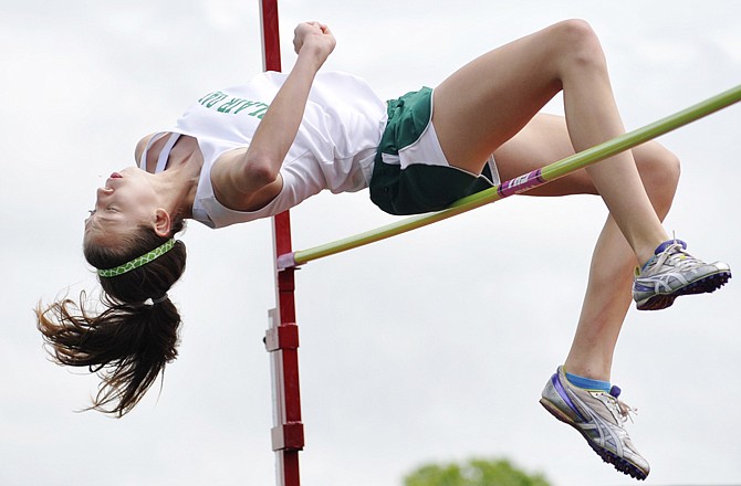 Amanda Kiso of Blair Oaks clears five feet to finish second in the high jump at the Blair Oaks Relays earlier this year.