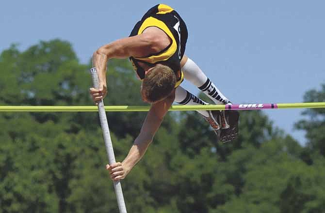 Vienna's Cory Schoene competes in the pole vault Friday at the Missouri Class 1 track and field finals at Reed Stadium in Jefferson City. Schoene won the state title in the event for the second year in a row.
