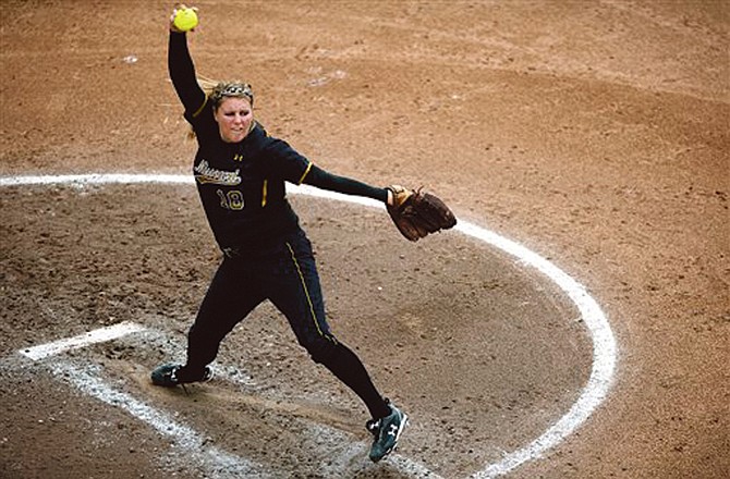 Missouri pitcher Chelsea Thomas delivers to the plate during Sunday's action against Illinois State in the Columbia Regional. Missouri won 2-0 to advance to a Super Regional. 