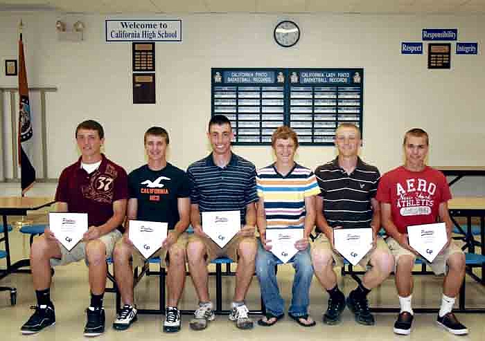 California Pinto varsity baseball players who received special awards at the California High School Baseball Reception May 17 at the CHS Commons, from left, are Dylan Albertson, Jaden Barr, Addison Jobe, Alec Koelling, J.T. Trachsel and Austin Gump.