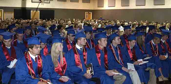 Graduating seniors of California High School are seated in front of the largest crowd of spectators ever present at a Baccalaureate Services at First Baptist Church.