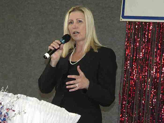 Teresa Hensley, candidate for the Fourth District seat in the U.S. House of Representatives, gives the keynote speech before the Truman Day event Saturday, May 19.