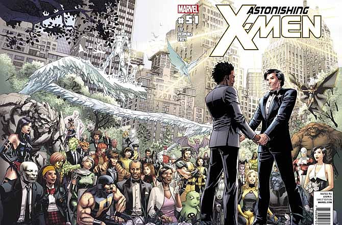 This comic book cover image released by Marvel shows "Astonishing X-Men," No 51. Marvel Comics said Tuesday, May 22, 2012 that the Canadian character named Jean-Paul Beaubier, right, will marry his beau, Kyle Jinadu, in this edition due out June 20. 