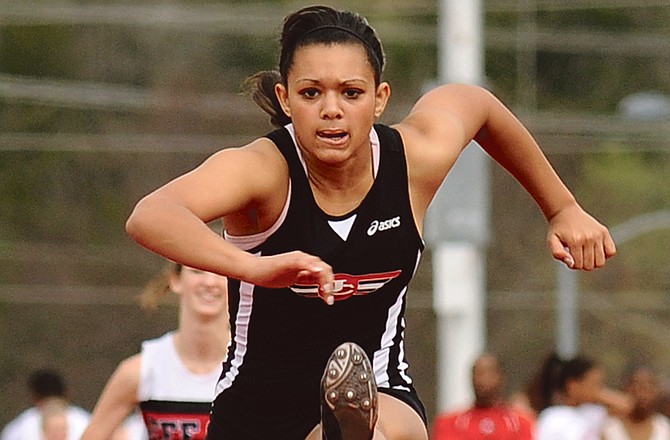 Jefferson City's Erica Hogue competes in the hurdles earlier this year. Hogue will compete in the 100-meter hurdles for the Lady Jays at this weekend's MSHSAA Track and Field Championships. 