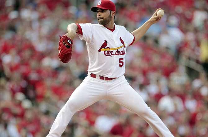 St. Louis Cardinals starting pitcher Jaime Garcia throws during the first inning of a baseball game against the Philadelphia Phillies, Saturday, May 26, 2012, in St. Louis.