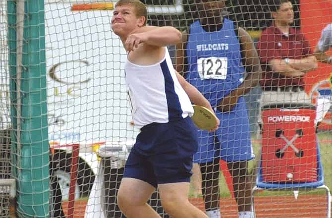 Helias' Will Fife gets set to release the discus in Friday's Class 3 boys state championship competition at Dwight T. Reed Stadium in Jefferson City.
