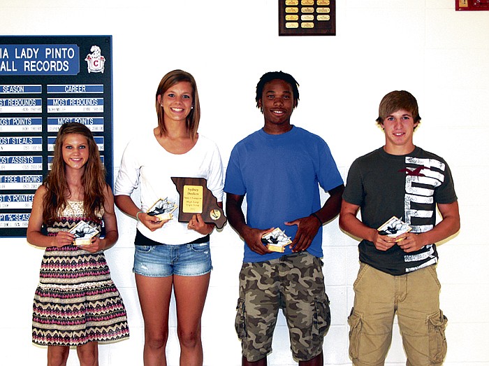 California High School varsity track team members who received special awards at the CHS Track and Field Awards Banquet May 22 at the high school commons, from left, are Libby Martin, Most Points for Running Events; Sydney Deeken, Most Points for Field Events; Anthony Price, Most Points for Running Events; and Walker Borghardt, Most Points for Field Events. Walter Juarez (not shown) received the Pinto Award.