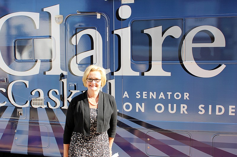 Sen. Claire McCaskill poses in front of the new "McCaskill for Missouri" RV. McCaskill stopped in Fulton while on her way to Columbia Wednesday afternoon as part of her campaign, while promoting her "Veterans for Claire" grassroots initiative.