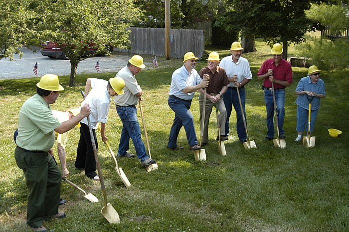 With "golden shovels" ground is broken for the new addition to the Moniteau County Historical Society on Saturday, May 26. From left are James Albin, Paul Jungmeyer, Pam Green, Raymond Hader, David Jungmeyer, Richard Schroeder, Carl Gatlin, Harold Haldiman and Betty Williamson.