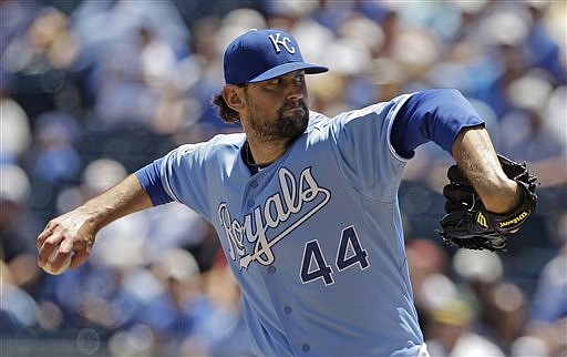 Kansas City Royals starting pitcher Luke Hochevar throws during the first inning of a baseball game against the Oakland Athletics, Saturday, June 2, 2012, in Kansas City, Mo. 