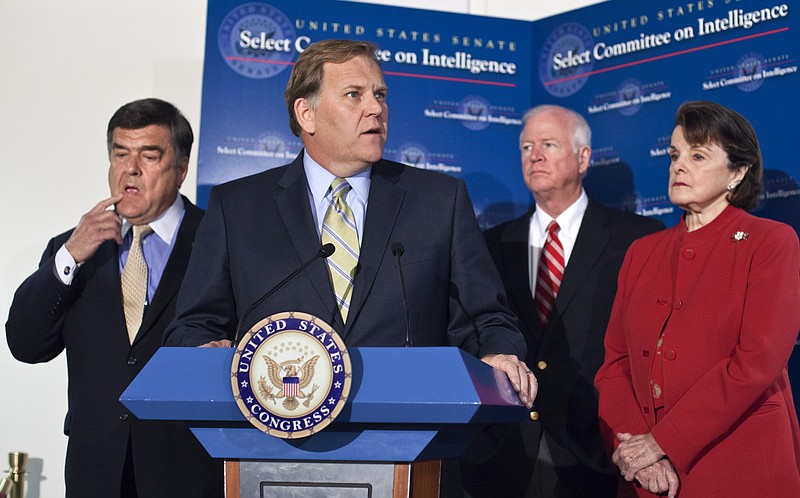 After a closed-door meeting with National Intelligence Director James Clapper, the four leaders of the House and Senate Intelligence Committees hold a news conference Thursday on Capitol Hill in Washington to discuss the recent spate of classified national security information leaks. From left are Rep. C.A. "Dutch" Ruppersberger, D-Md., the ranking Democrat on the House Intelligence Committee; House Intelligence Committee Chairman Mike Rogers, R-Mich., Sen. Saxby Chambliss, R-Ga., vice-chair of the Senate Intelligence Committee, and Senate Intelligence Committee Chair Sen. Dianne Feinstein, D-Calif.