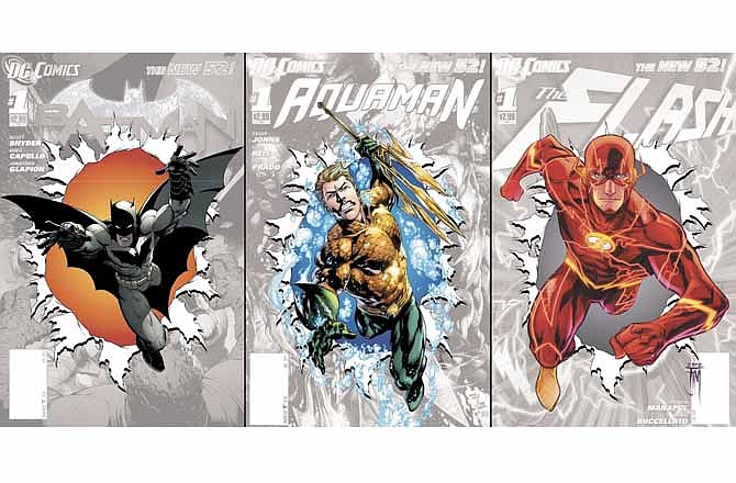This combo made from images provided by DC Entertainment show covers of the publisher's zero issues of, from left, "Batman," "Aquaman," and "The Flash." In September, DC Entertainment will publish a zero issue for its 52 titles, a move that co-publishers Jim Lee and Dan DiDio say will help explain the origins and effects of its rebooted characters a year after it erased decades of history and continuity to start everything from scratch. 