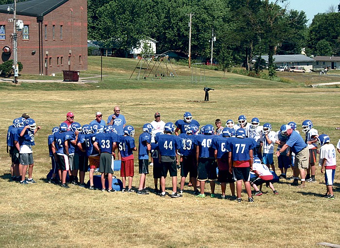 California Middle School Football Coach Ed Ziegs, at right, directs participants of the CMS Football Camp Friday morning at the CMS practice field. 