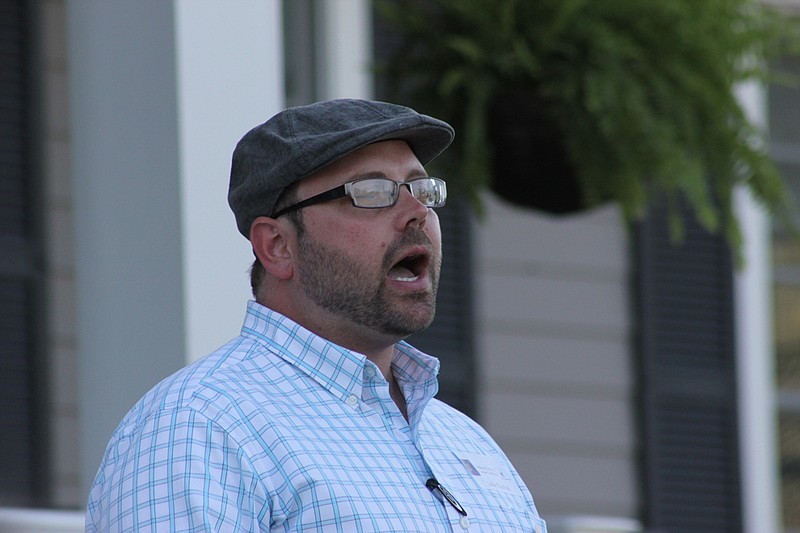 In his allotted  five minutes, county assessor candidate Jody Paschal tells an audience of about 60 voters about himself and why he would make a good candidate at the Friend to Friend candidate forum Tuesday evening in Shamrock.