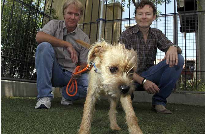 In this Thursday, June 14, 2012 photo, Brandon Camp, right, writer, producer and director of the upcoming feature film remake of "Benji," and animal trainer Mark Forbes, check out a 3-month-old fox terrier mix named Fairfield at the Best Friends Animal Society shelter in the Mission Hills area of Los Angeles. Camp, whose father created "Benji" nearly 40 years ago, and veteran movie trainer Forbes have set out to find a new Benji in a nationwide search that includes online tools and sites that weren't around when the first four Benjis were discovered. 