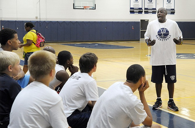 Arthur Agee Jr. speaks Wednesday afternoon during a Lincoln University basketball camp at Jason Gym.
