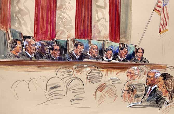 This artist rendering shows Chief Justice John Roberts, center, speaking at the Supreme Court in Washington, Thursday, June 28, 2012. From left are, Justices Sonia Sotomayor, Stephen Breyer, Clarence Thomas, Antonin Scalia, Roberts, Anthony Kennedy, Ruth Bader Ginsburg, and Elena Kagan.
