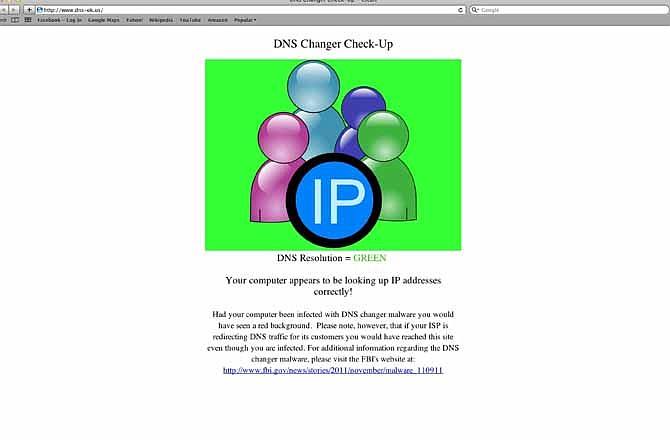 This undated handout image provided by The DNS Changer Working Group (DCWG) shows the webpage resulting from not having the DNS malware. It will only take a few clicks of the mouse. But for hundreds of thousands of computer users, those clicks could mean the difference between staying online and losing their connections. Tens of thousands of Americans may still lose their Internet service Monday July 9, 2012 unless they do a quick check of their computers for malware that could have taken over their machines more than a year ago. 