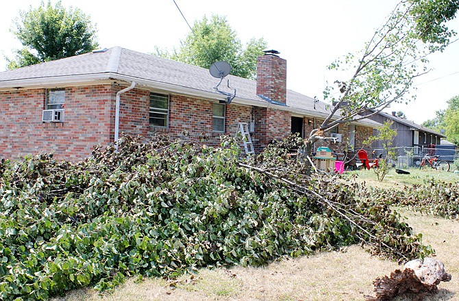 A large tree in the backyard of a home on Perrey Street in Holts Summit was uprooted by heavy winds confined to a small area on the west side of the city Saturday afternoon.