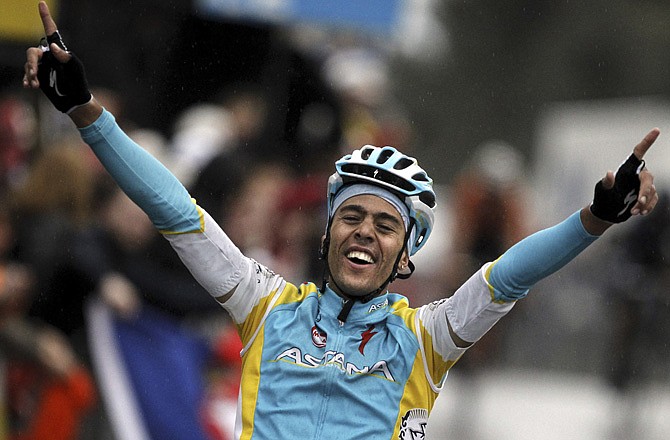 Remy Di Gregorio celebrates after winning the seventh stage of the Paris-Nice cycling race on March 12, 2011, in Biot, France. Di Gregorio, who had been competing in this year's Tour de France, was arrested Tuesday in connection with a doping investigation.