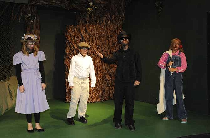Marley (Valerie Holt), Ribby (Zane Henderson) and Jamie Packrat (Alyssa Wills) meet up with Willie Weasel (Davis Heninger) during Stained Glass Theatre's rehearsal of Wind in the Willows.